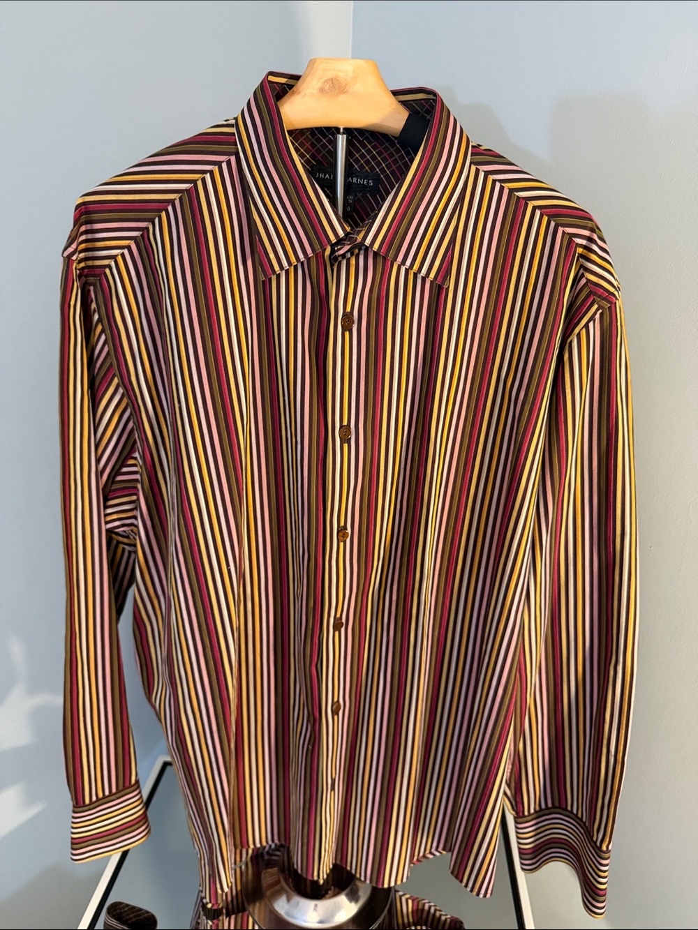 Jhane Barnes Burgundy, Gold & Black Multi-Stripe Dress Shirt